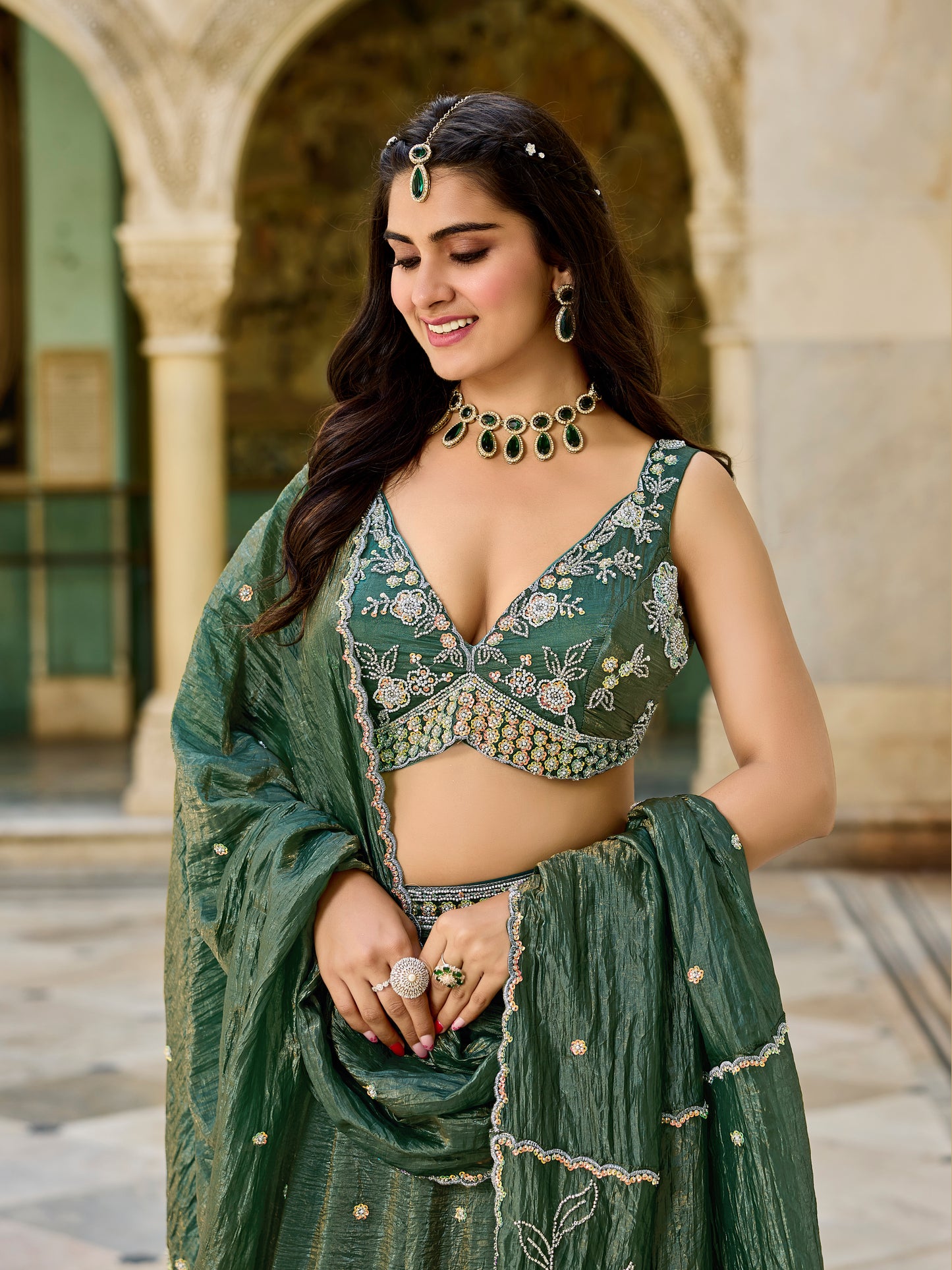 Tremendous Dark green Flower Crop top Lehenga 1187
