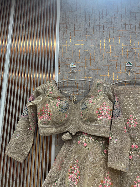 Beige Golden Peacock Crop Top Lehenga