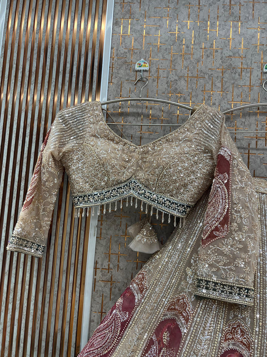 Beige golden Peacock Crop Top Lehenga