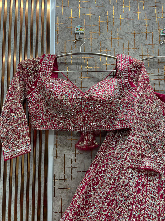 Attractive Hot pink Mirror work Crop Top Lehenga
