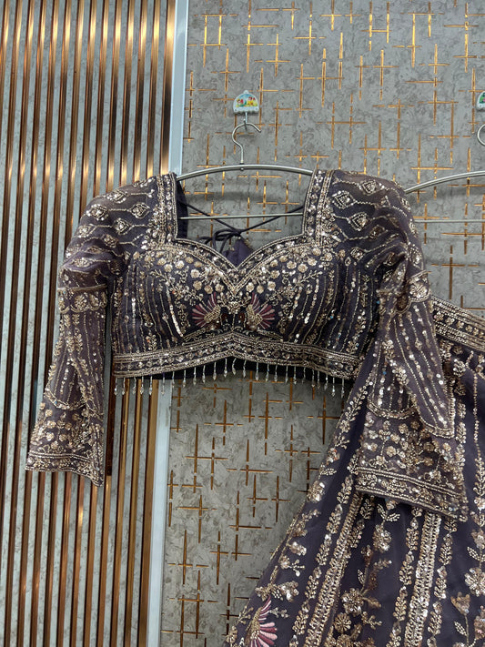 Purple Peacock Crop Top Lehenga