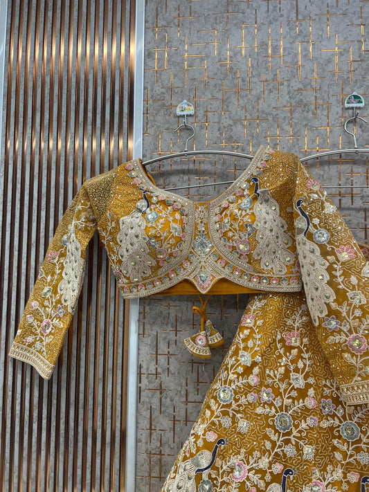 Mustard yellow Peacock Crop Top Lehenga - Shopping World