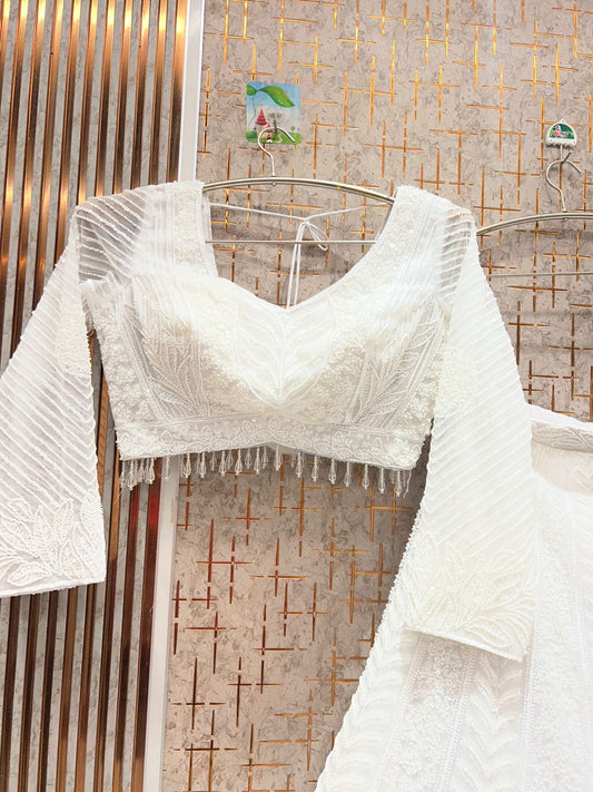 Astonishing White on white monotone crop Top Lehenga