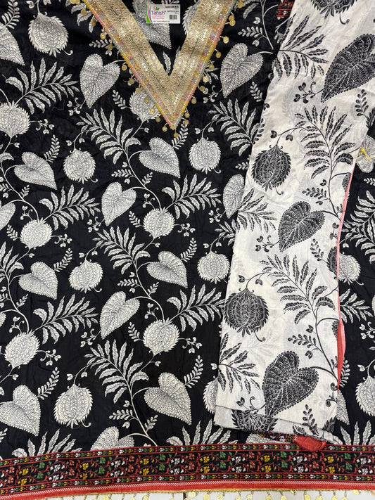 Khoobsurat White black unstitched salwar suit dress material (free size)