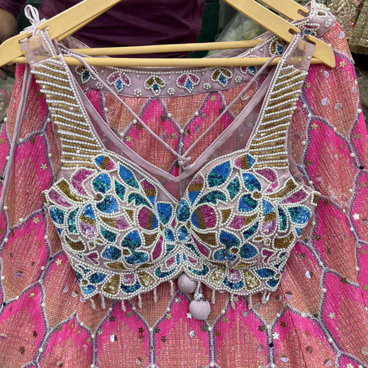Fantastic Pink Blue Pearl Crop Top Lehenga