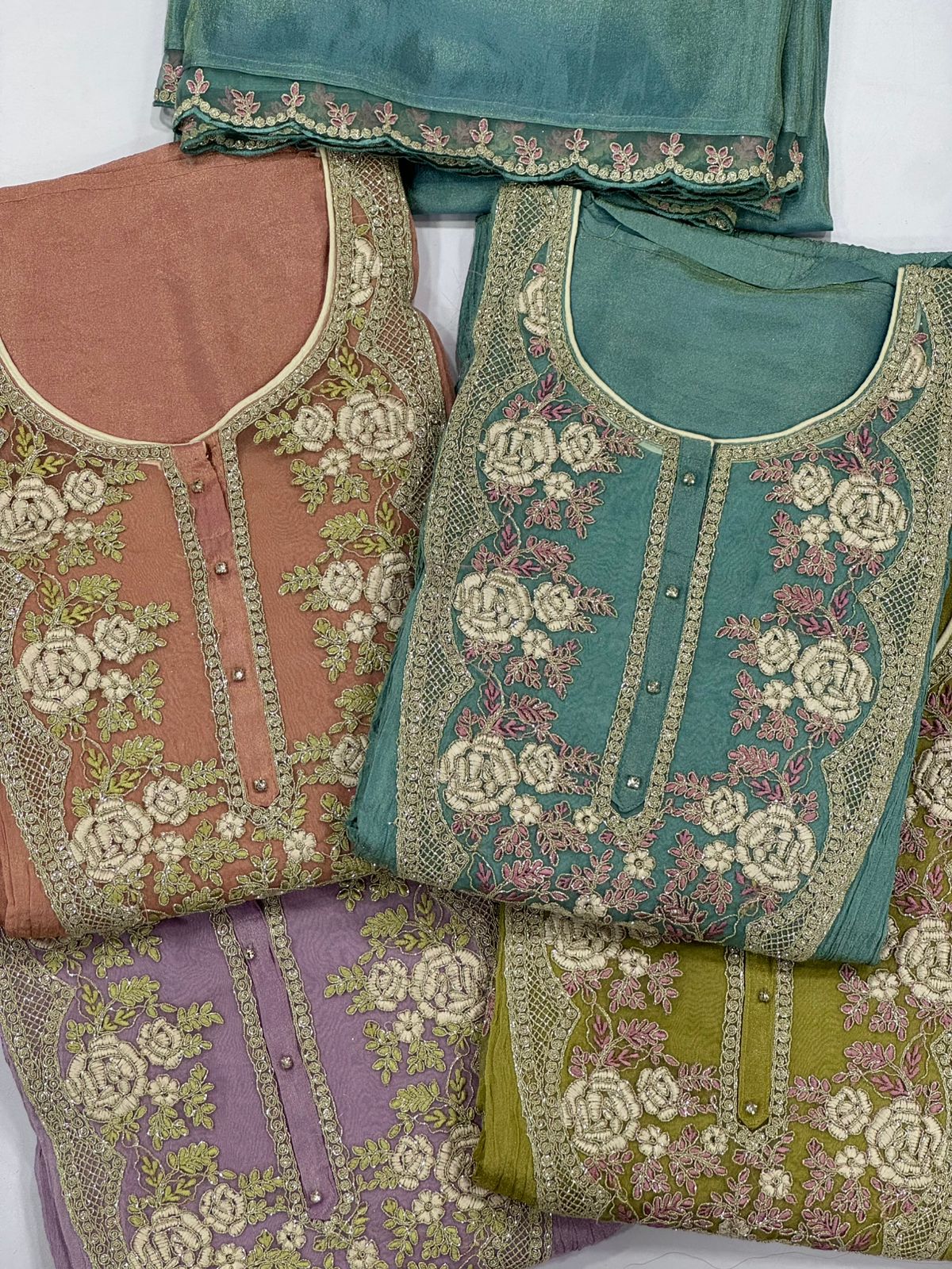 Elegant peach blue organza unstitched Salwar suits dress material (free size)