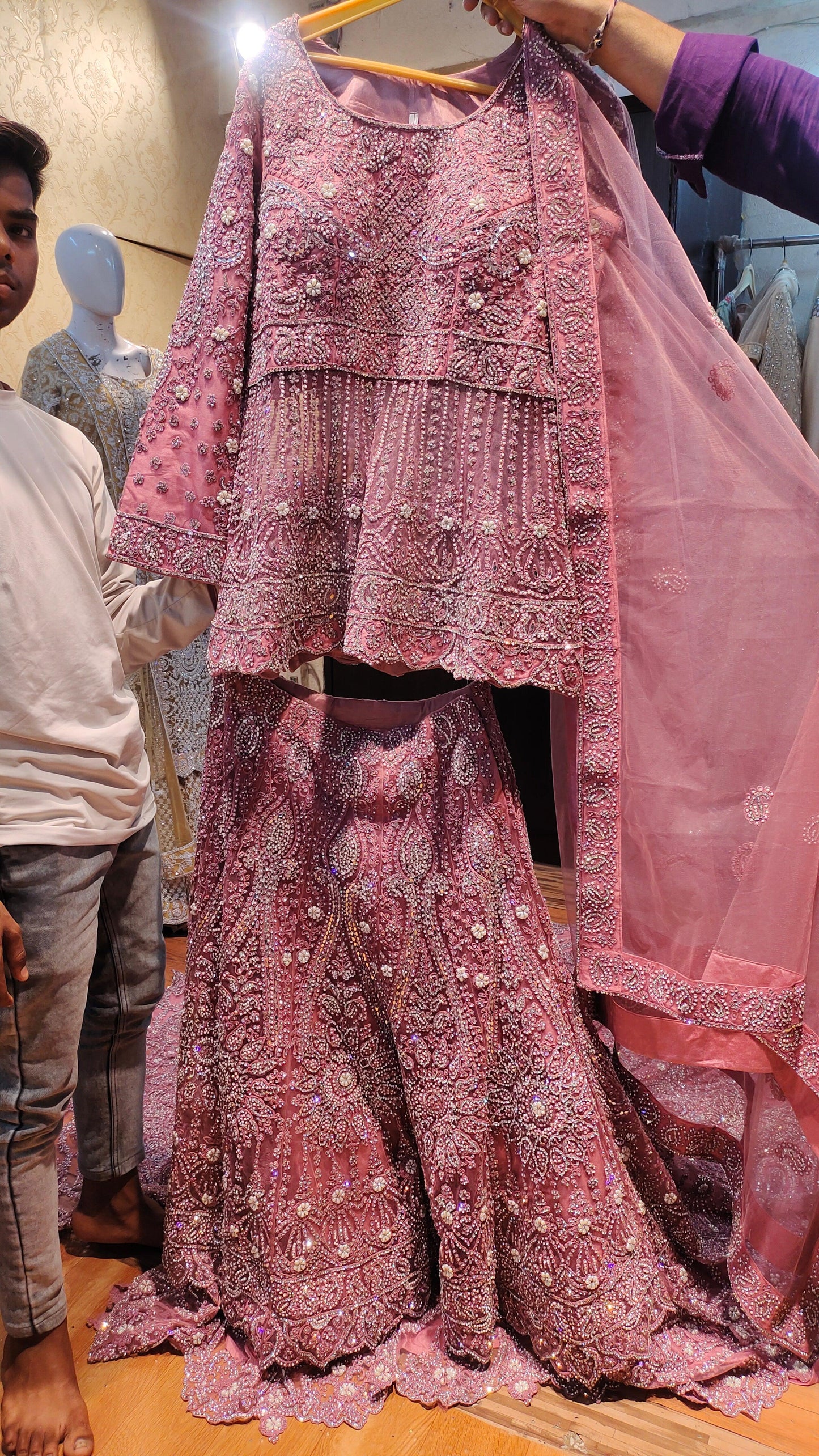 Designer pink Long tail Peplum dress lehenga