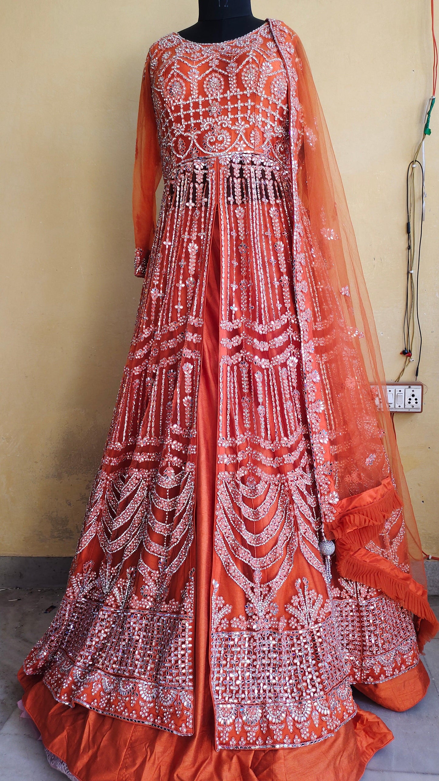 Orange Peplum long Dress Farshi Gaharara Pakistani Bridal Dress Muslim Special