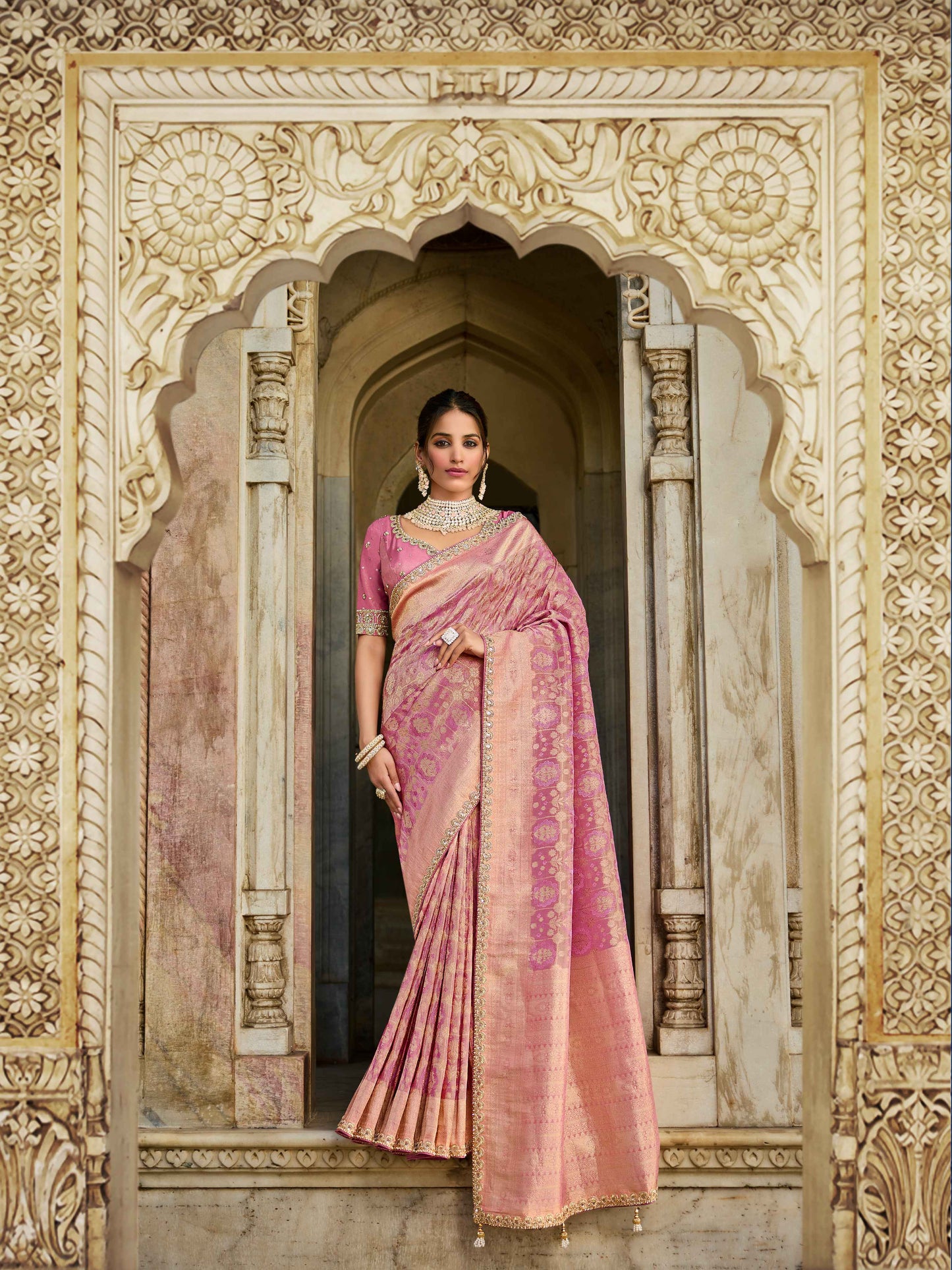 Pink Viscose Saree with bead work 6173