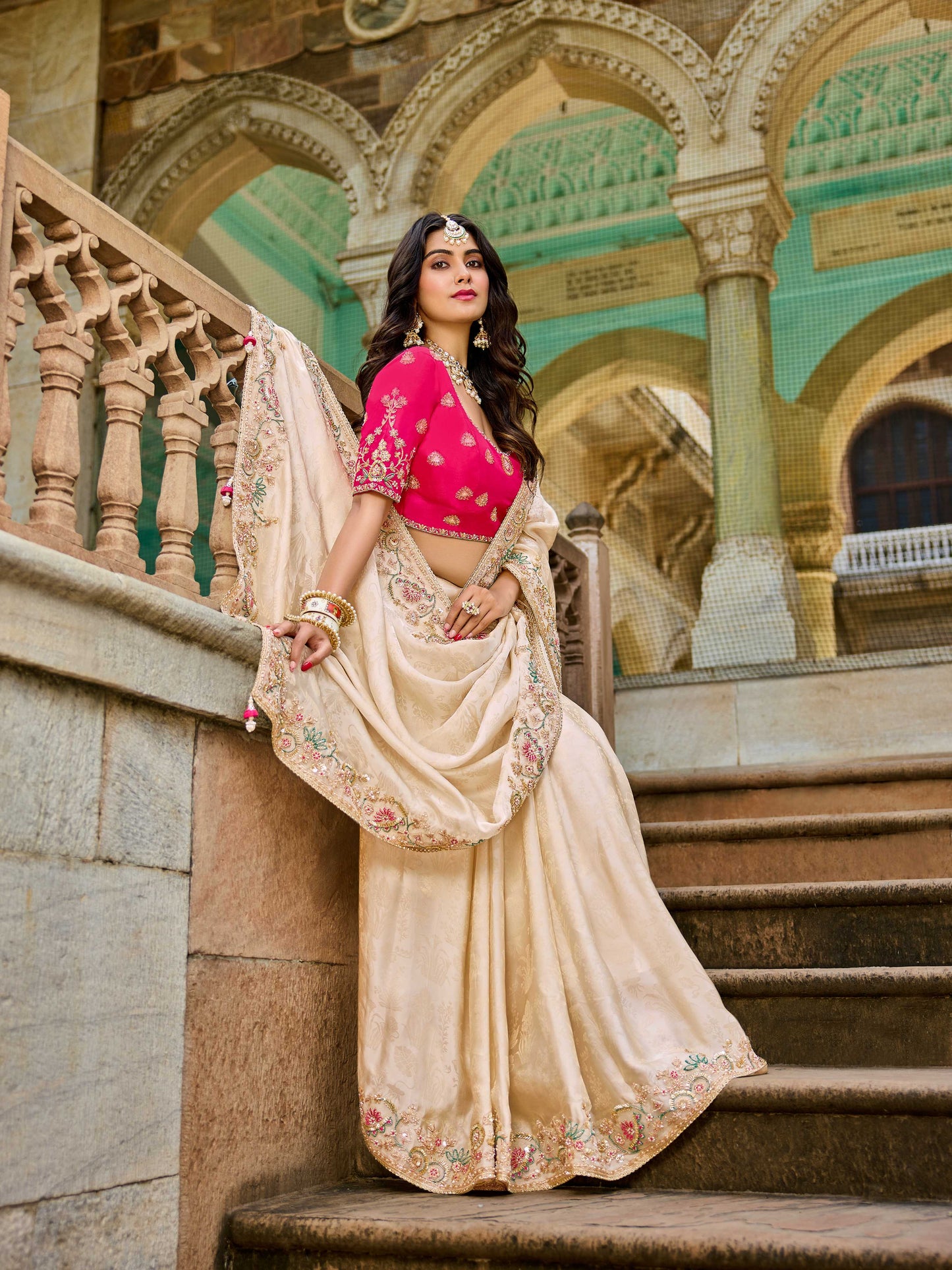 Beige Golden Viscose Saree with bead work 6181