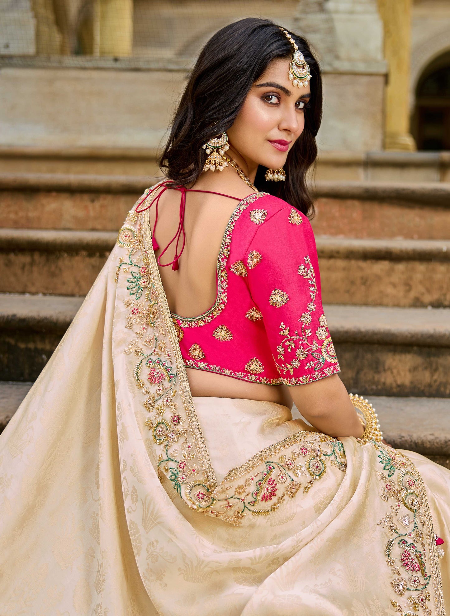 Beige Golden Viscose Saree with bead work 6181