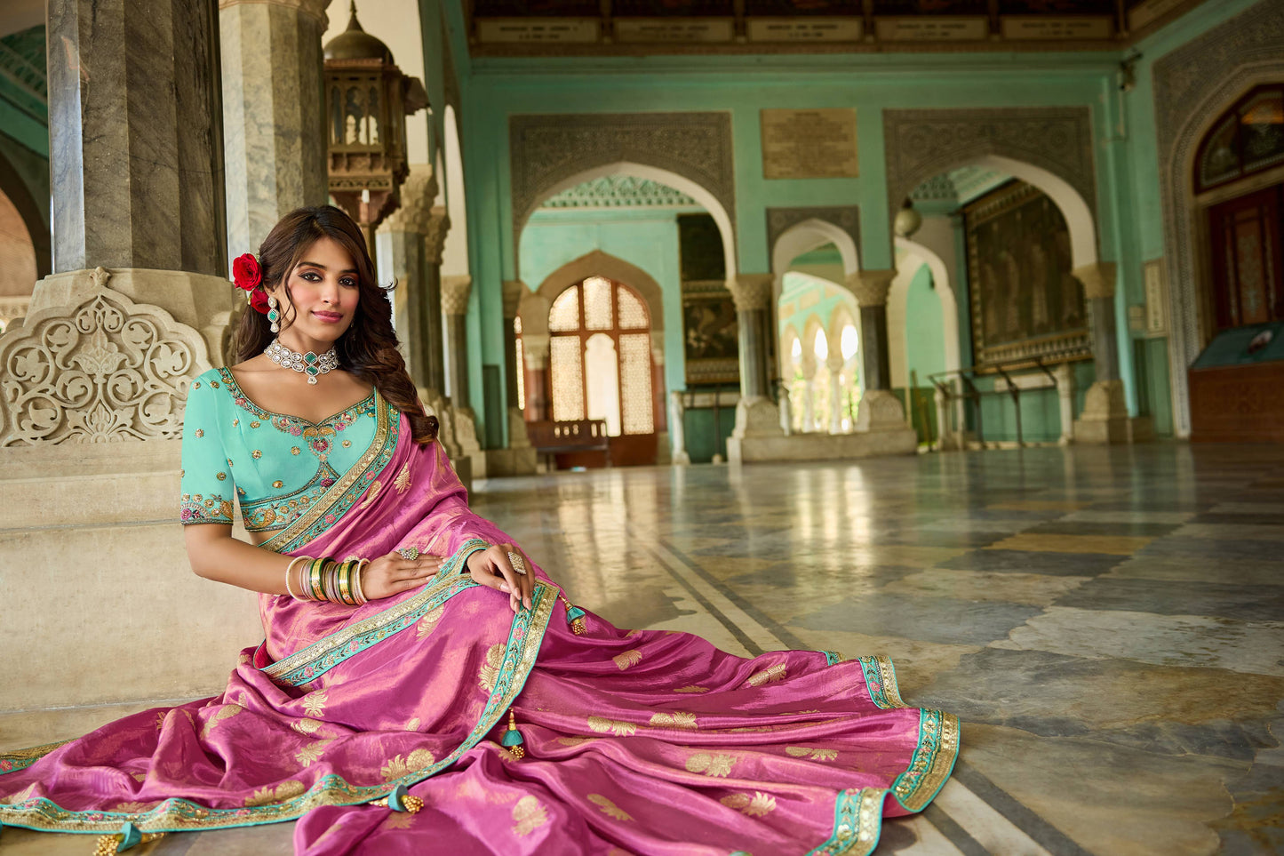 Pink Viscose Saree with bead work 6126