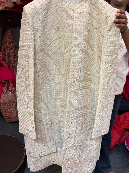 Royal Cream Golden Colour Sherwani
