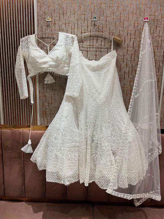 White Fish Cut Crop Top Lehenga
