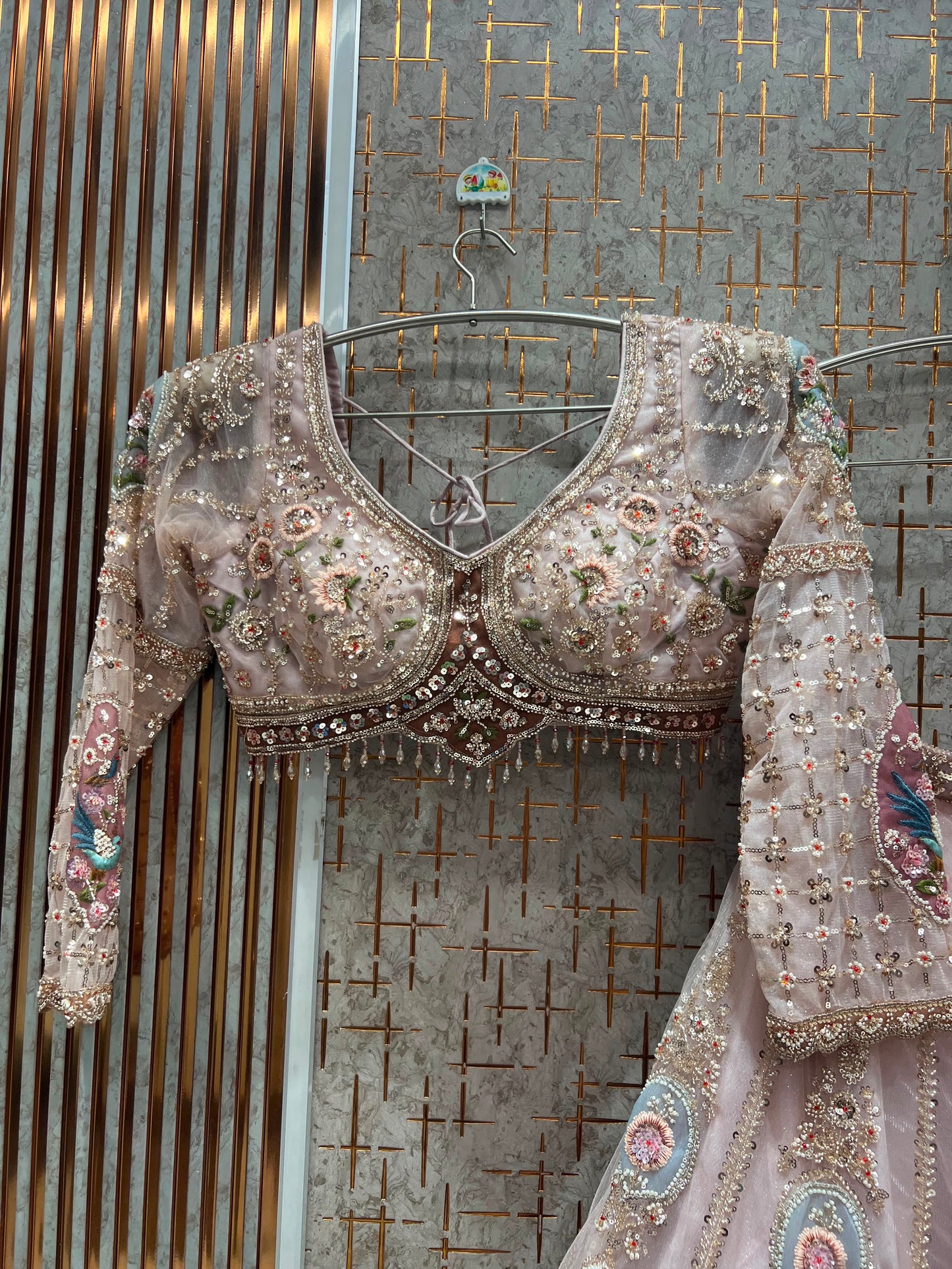 Cream white golden peacock Crop top Lehenga