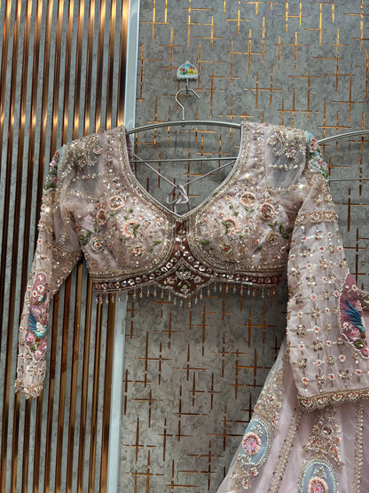Cream white golden peacock Crop top Lehenga