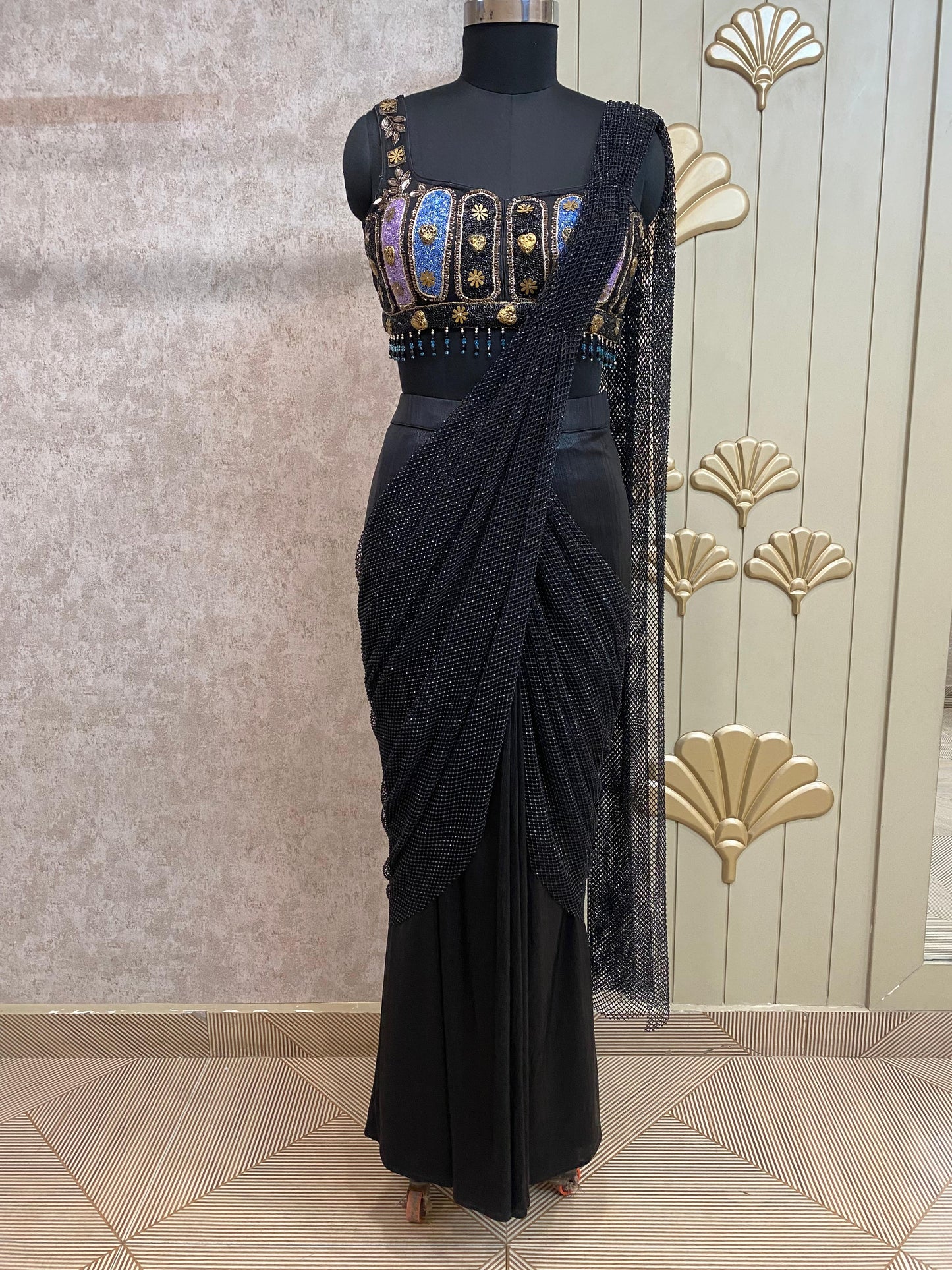 Black Designer Ready To Wear Drape Saree