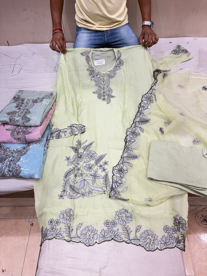 Charming baby pista green unstitched salwar suit dress material(free size)