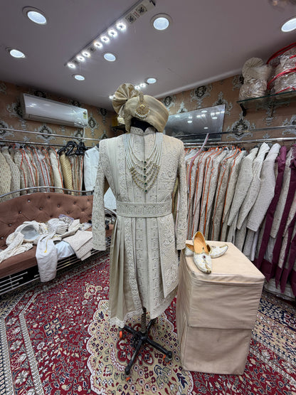 Beige golden White sherwani - Shopping World
