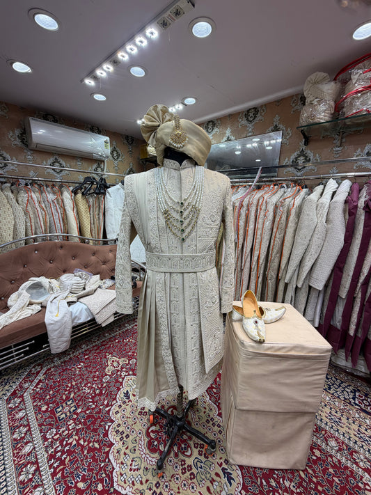 Beige golden White sherwani