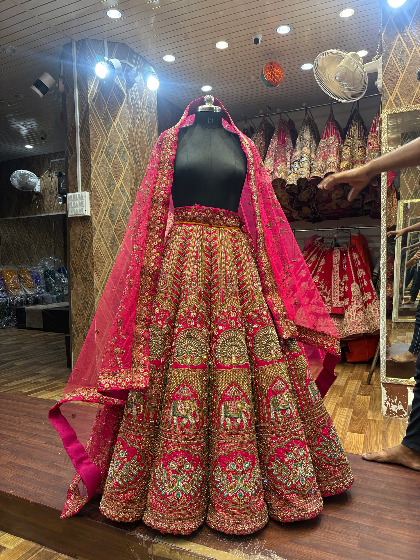Peacock elephant figure rani pink ball bridal Lehenga