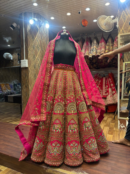 Peacock elephant figure rani pink ball bridal Lehenga