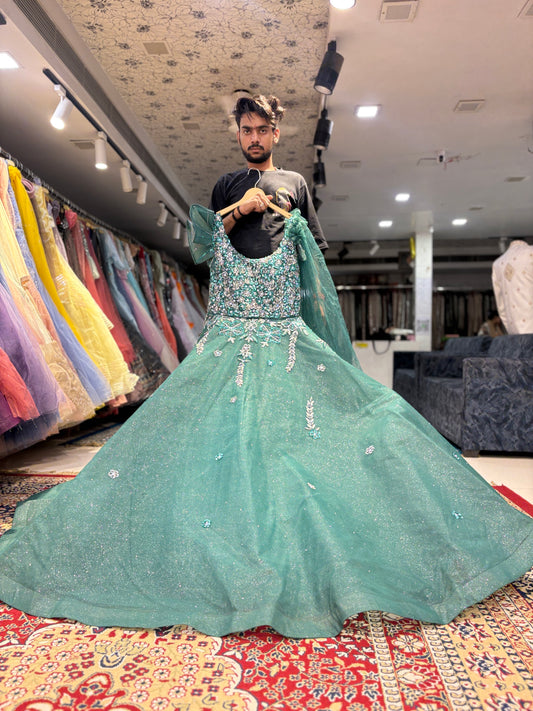 Designer green gown huge flair Shopping World Designer green gown huge flair Shopping World