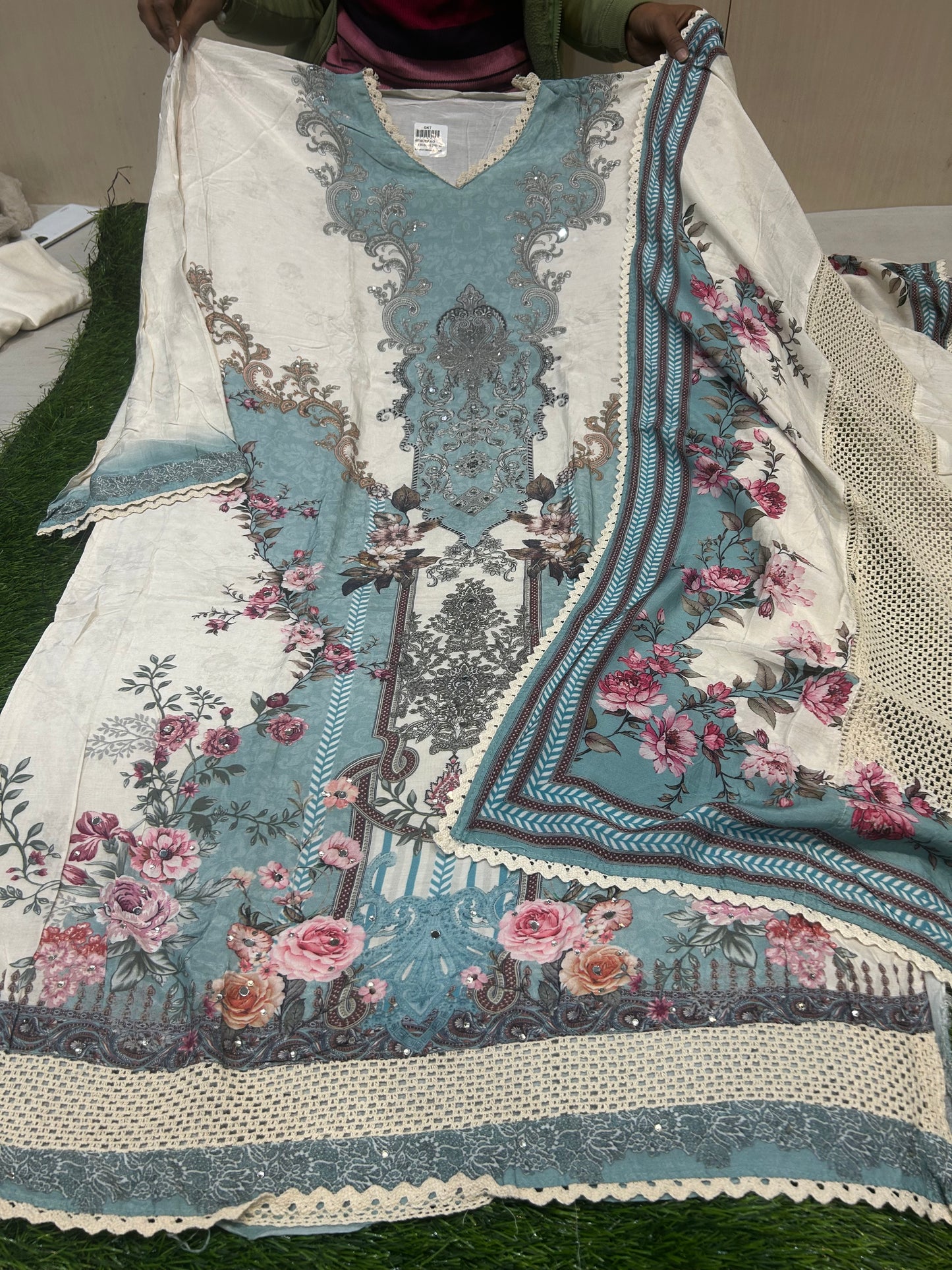 Beautiful white blue Unstitched suit ( free size )