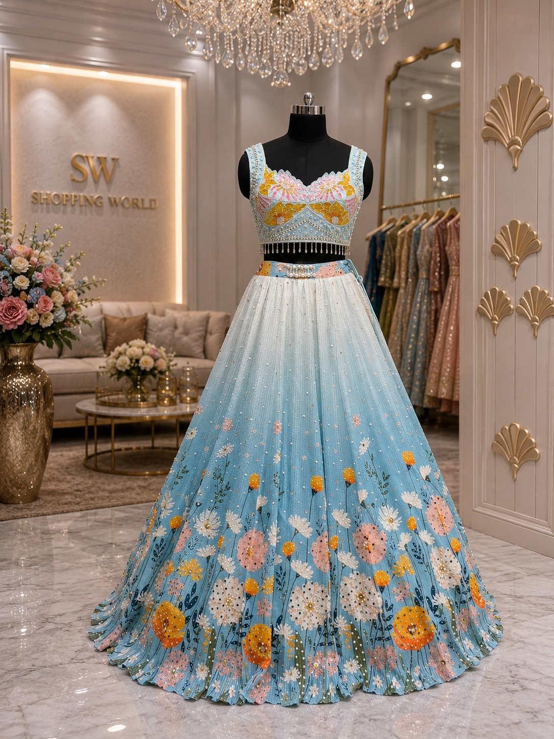 Sky Blue Pdp Crop Top Lehenga