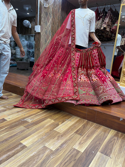Maroon Pink Red Multikali Ball Bridal Lehenga