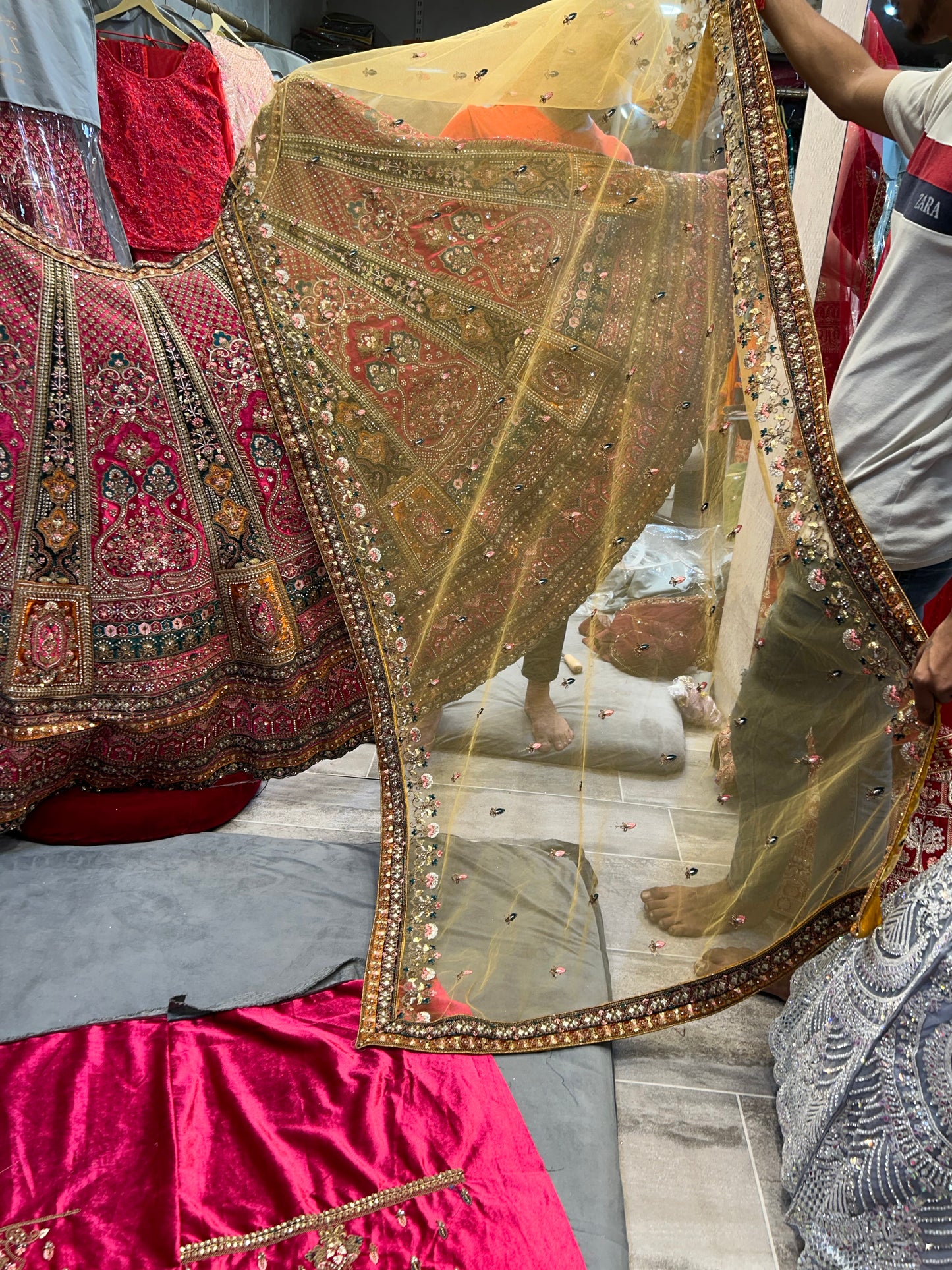 Astonishing pink golden double dupatta bridal Lehenga