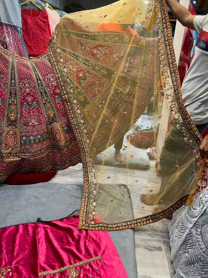 Astonishing pink golden double dupatta bridal Lehenga