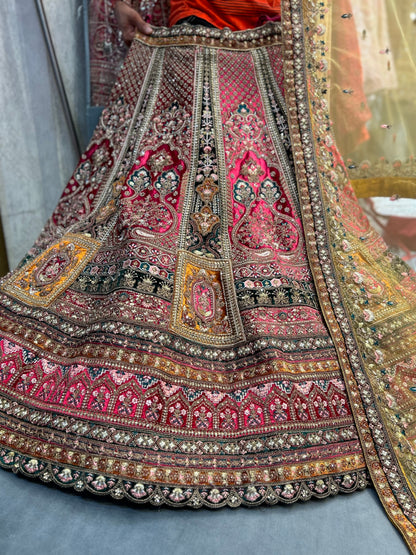 Astonishing pink golden double dupatta bridal Lehenga