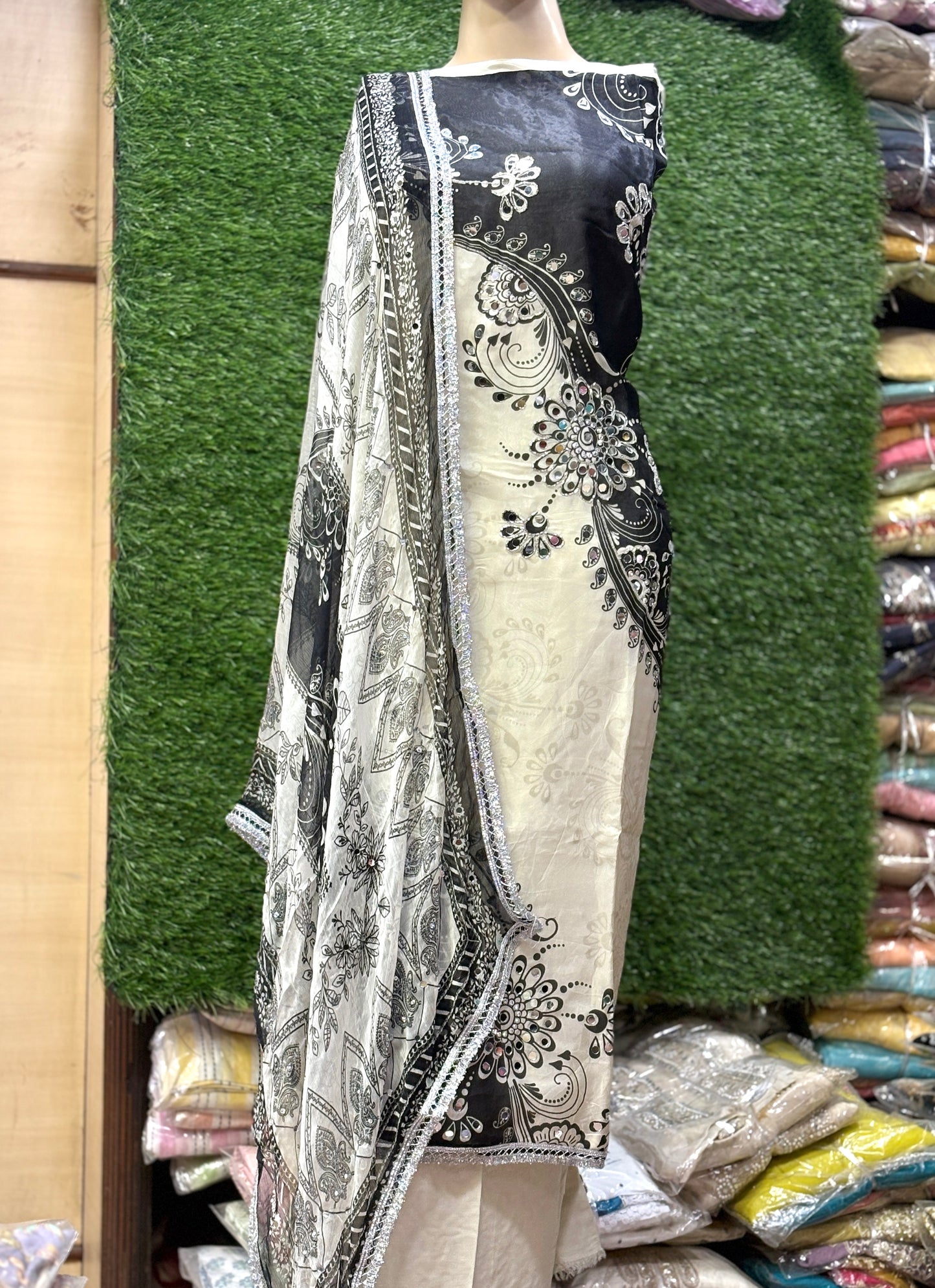 Engaging white black unstitched salwar suit dress material(free size)