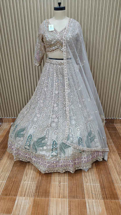 White Peacock Crop Top Lehenga