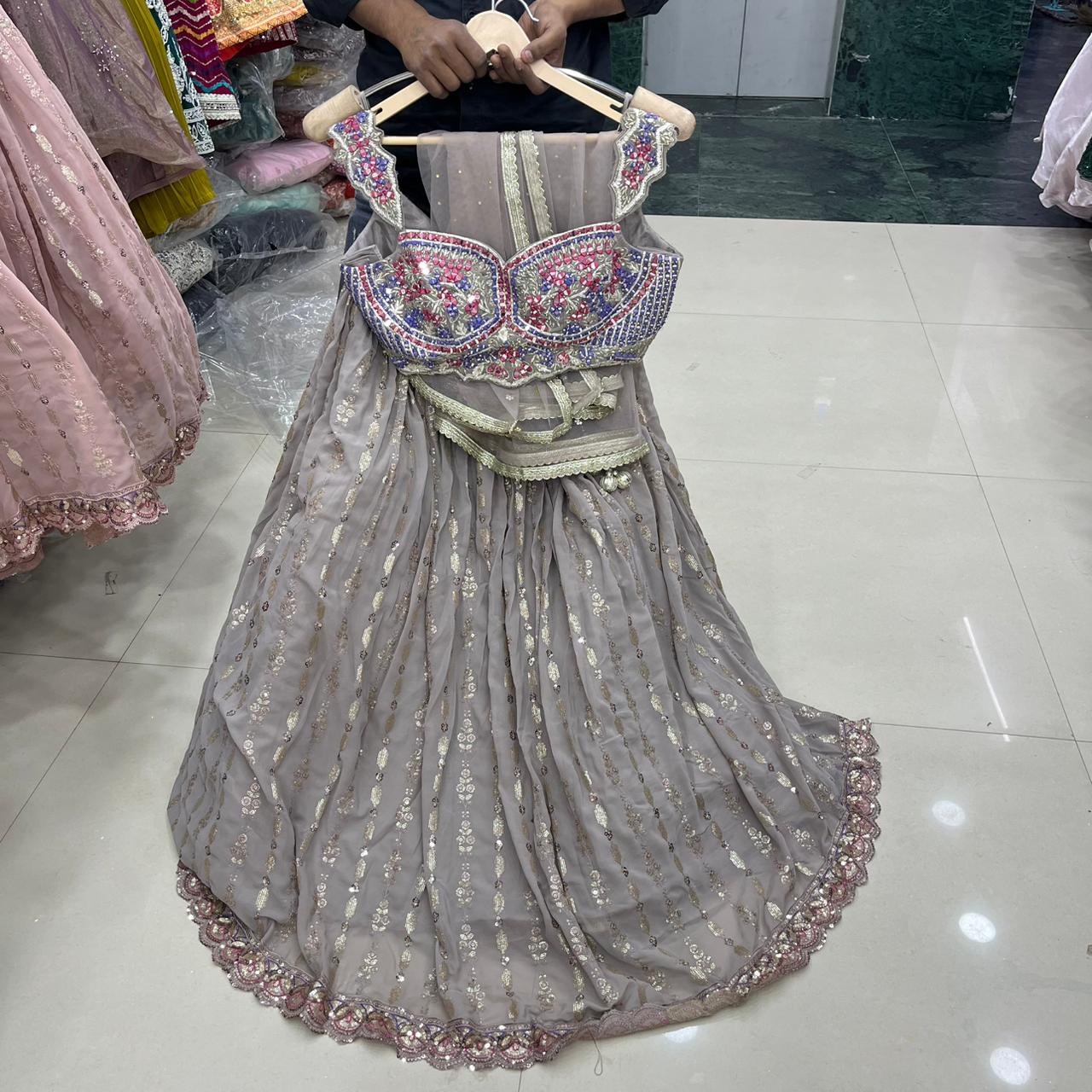 Pink peach silver blue heavy blouse Crop Top Lehenga