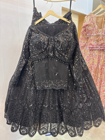 Eye catching Black On Black monotone Crop Top  lehenga