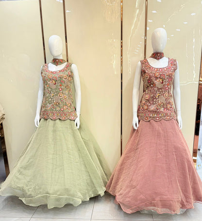 Pink green Crop top Lehenga