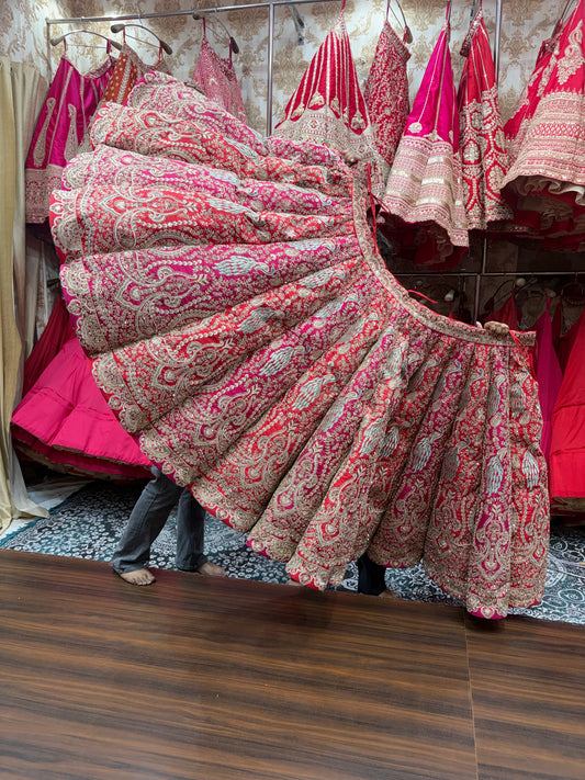 Rani pink red orange Peacock Multikali Ball Bridal Lehenga