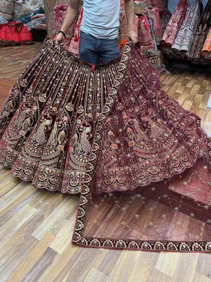 Dark Maroon Peacock Designer ball Bridal Lehenga