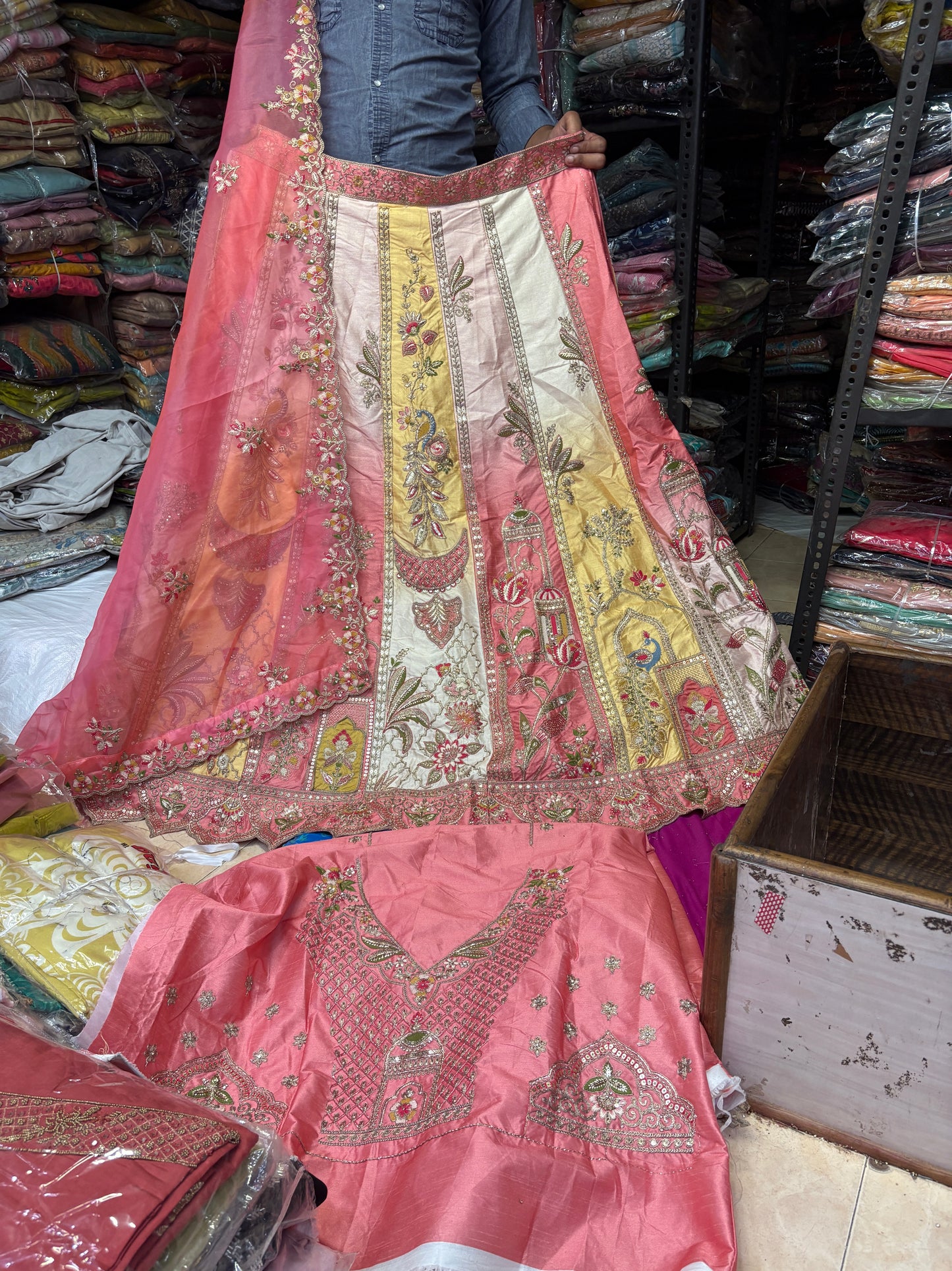Majestic pink White yellow multicolour Lehenga