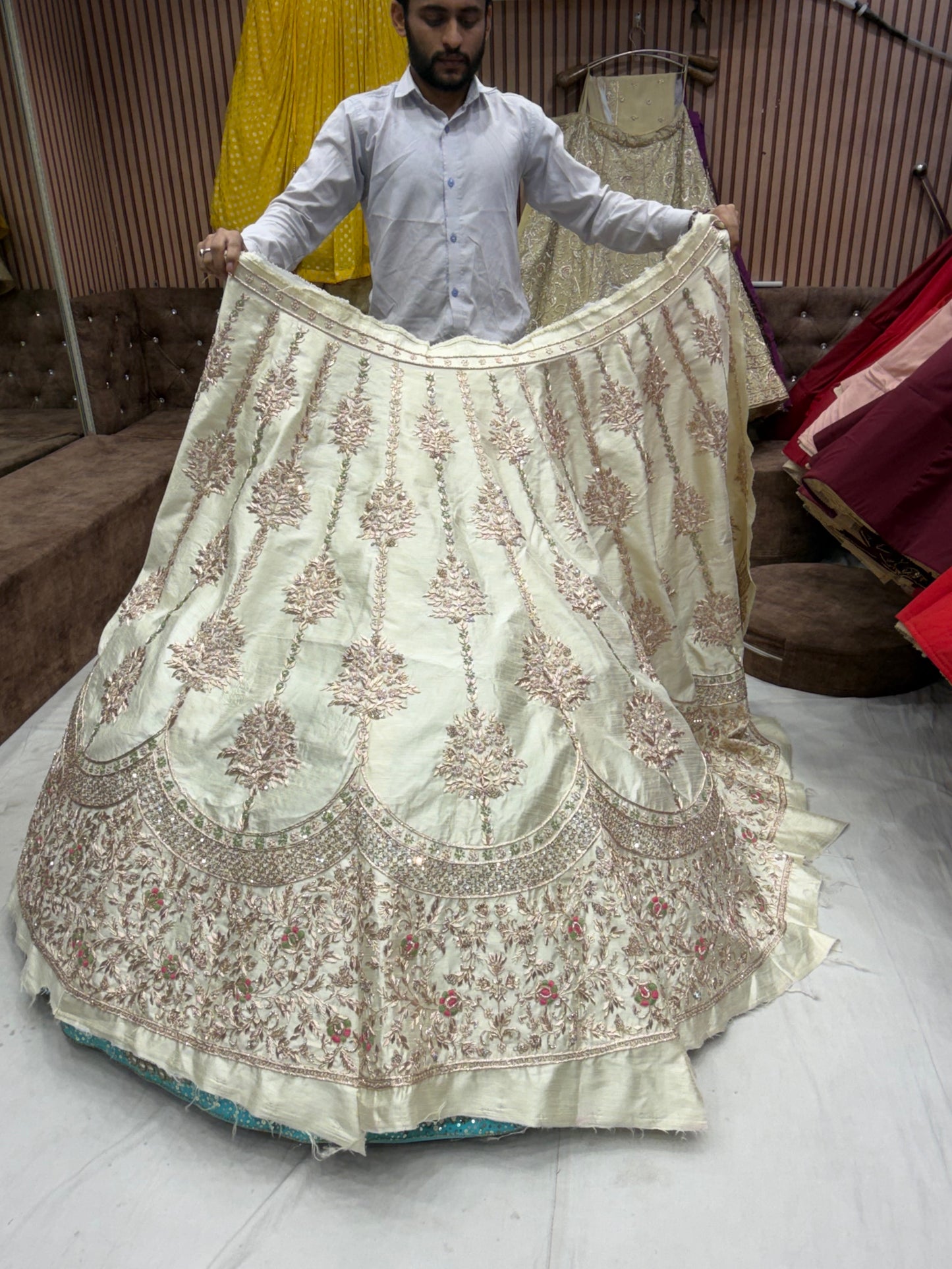 Off White zardozi dabka Designer Lehenga