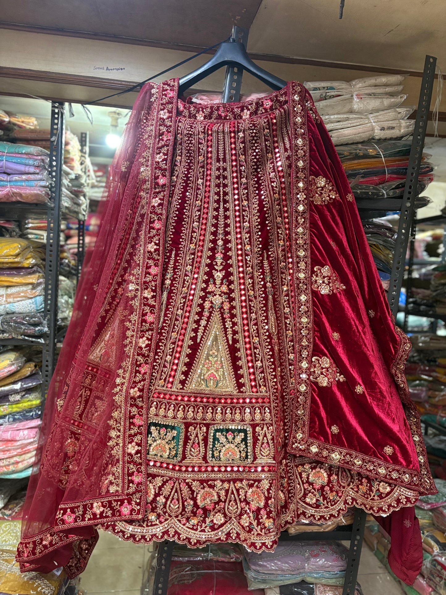 Attractive Maroon Double Dupatta Velvet Bridal Lehenga