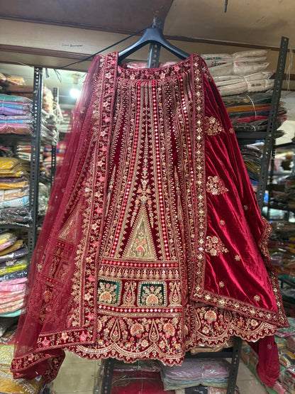 Attractive Maroon Double Dupatta Velvet Bridal Lehenga