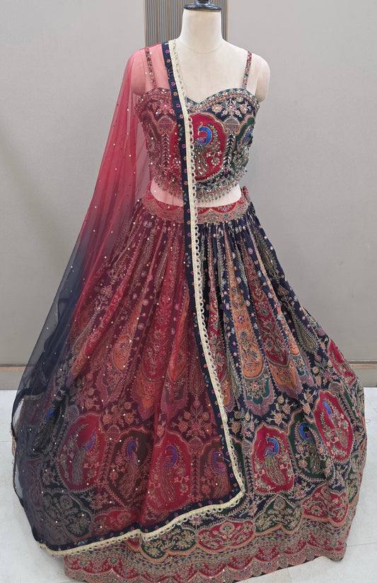 Blue pink peacock Banarasi Crop Top Lehenga