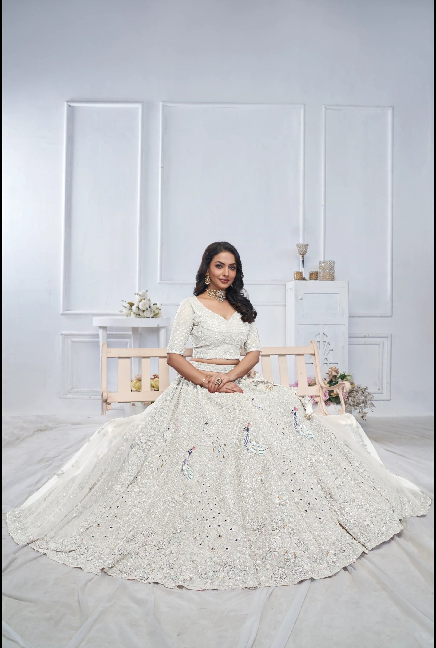 Stunning Peacock White Designer lehenga