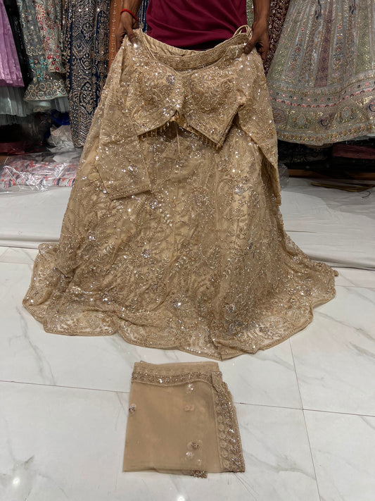 Beige Golden Crop Top Lehenga