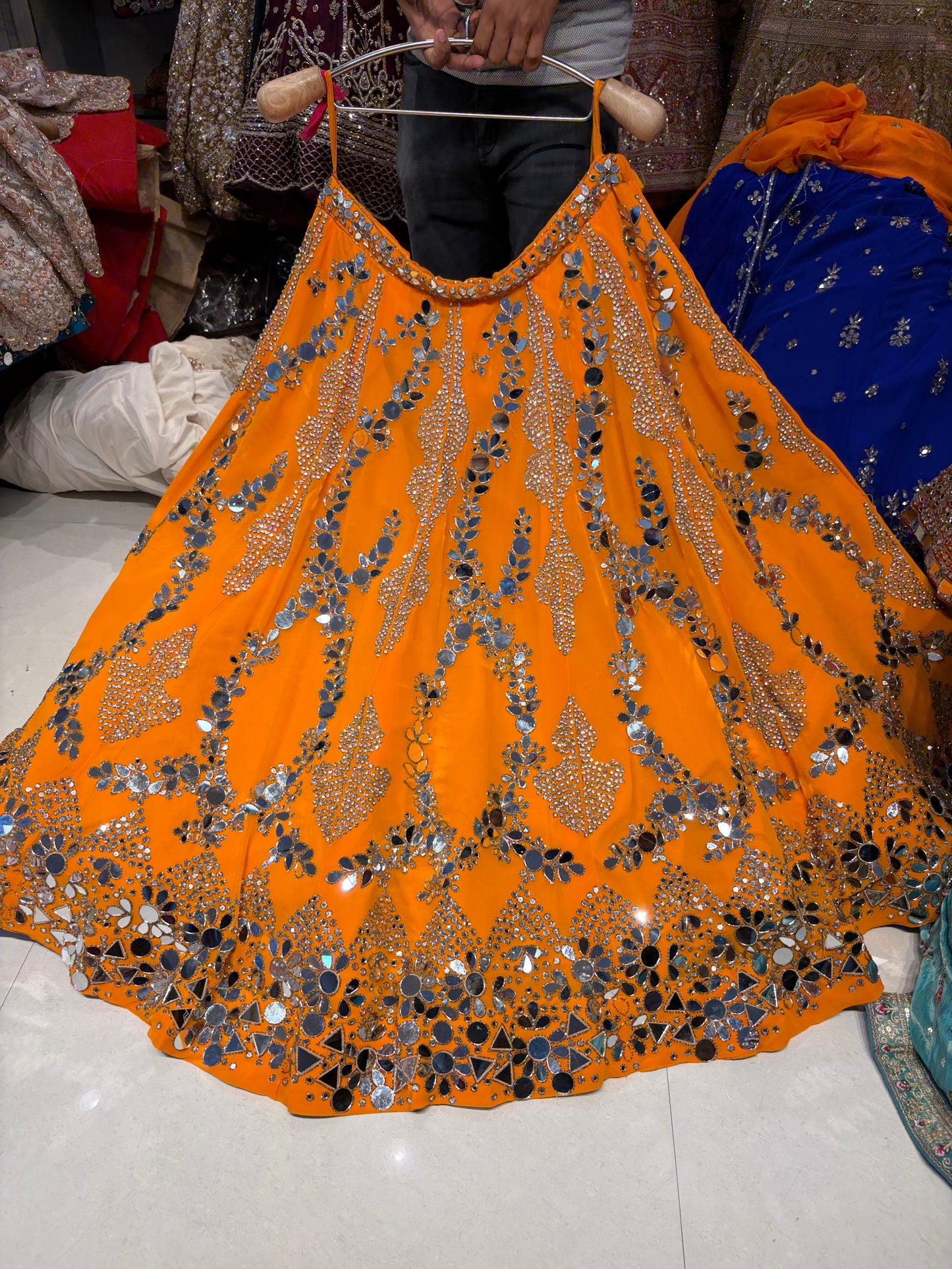 Sparkling Rust Orange Mirror Work Lehenga