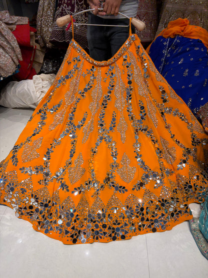 Sparkling Rust Orange Mirror Work Lehenga