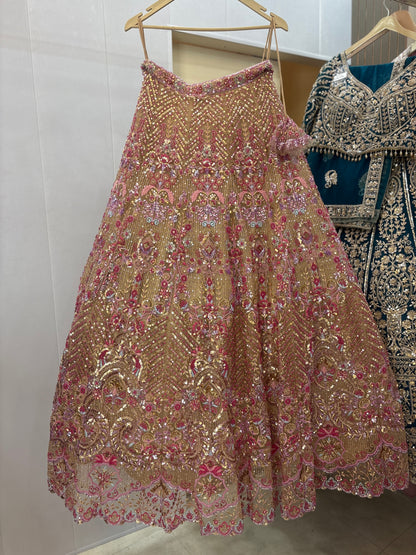 Stunning beige pink beads crop top Lehenga